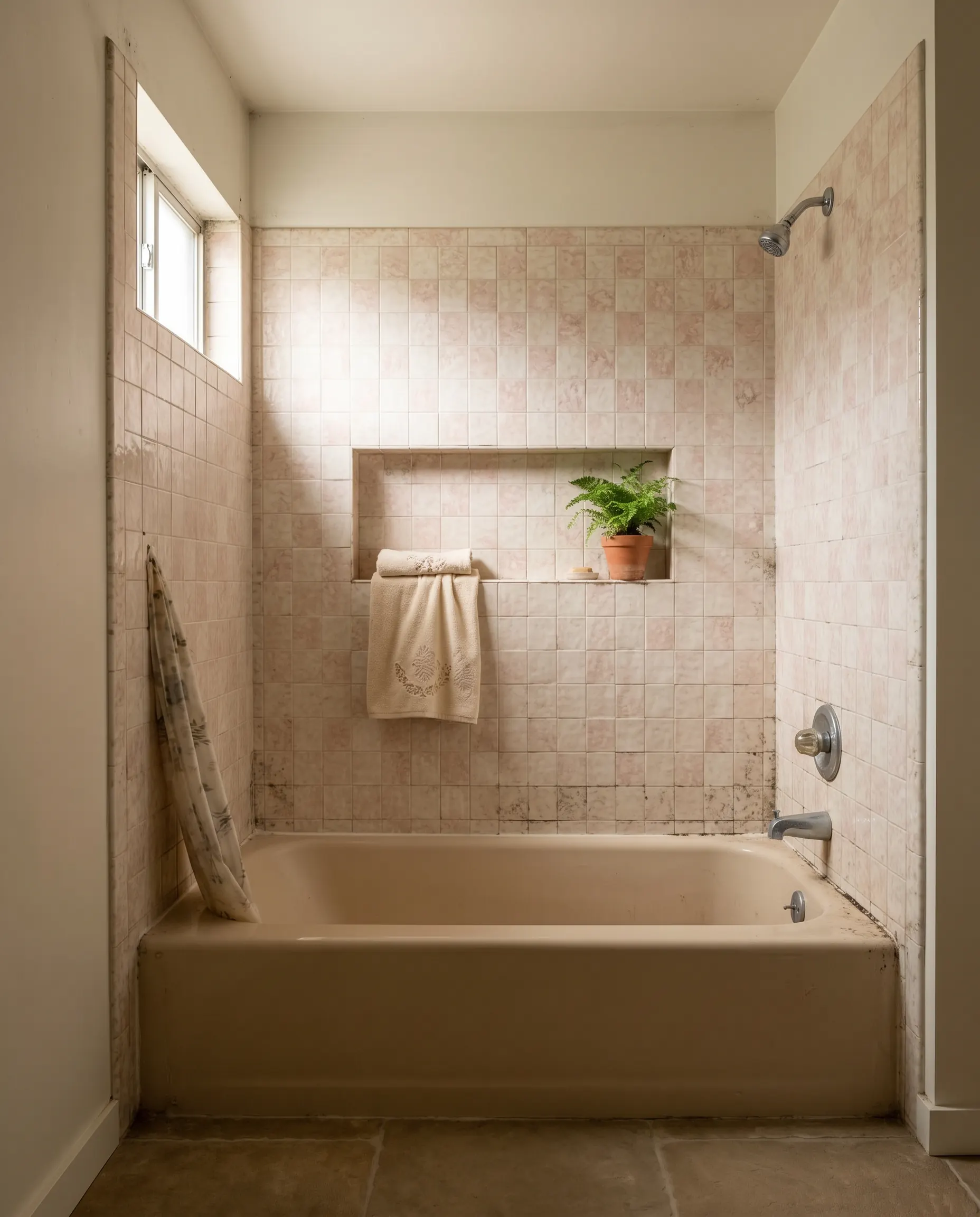 Bathroom before renovation: dated tub, worn porcelain, pink-and-beige tile from the 1980s, tarnished fixtures