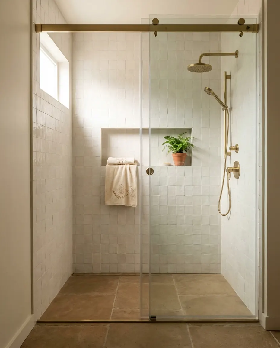 Recently completed walk-in shower with brushed brass fixtures and textured tile