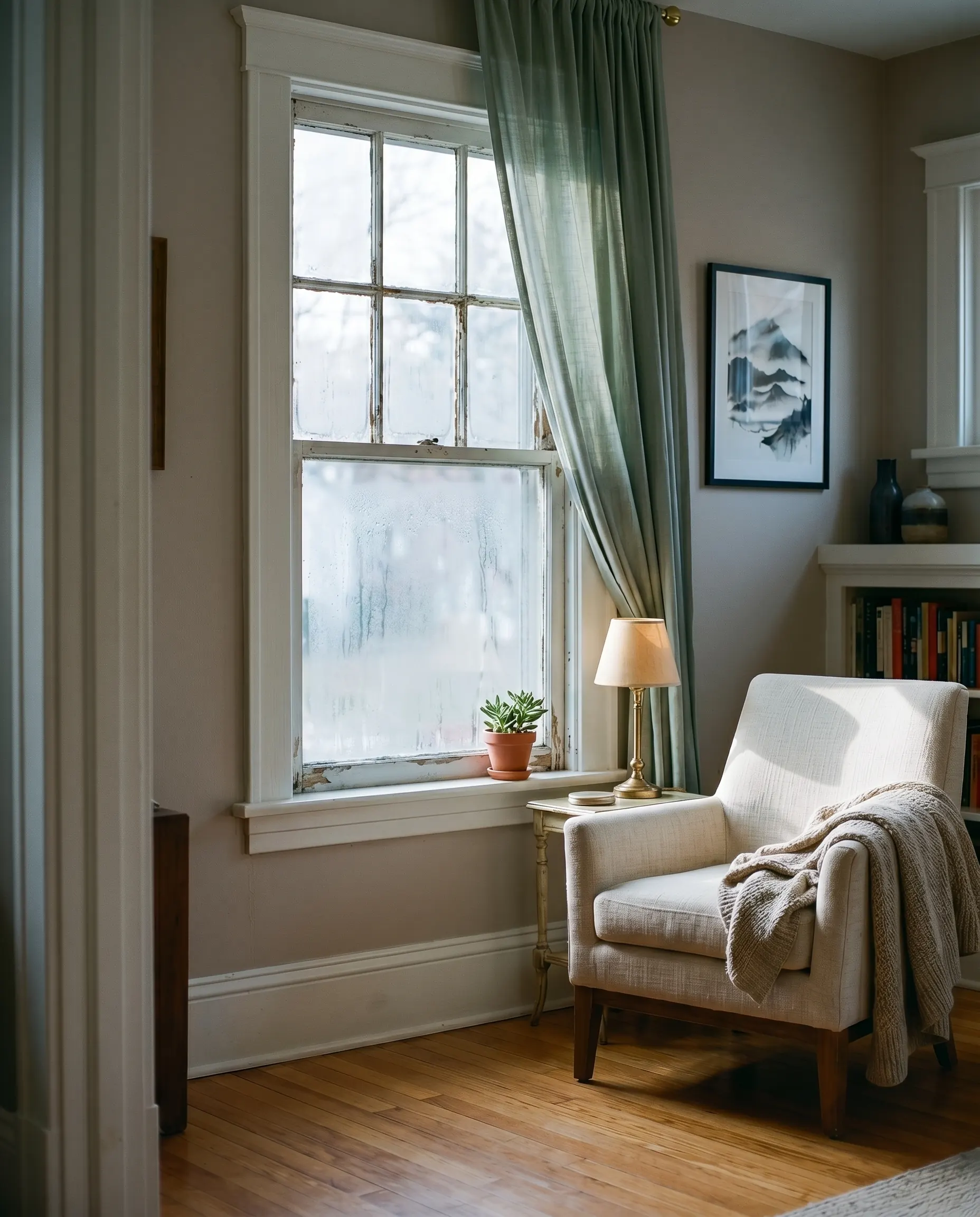 Living room before window replacement: old single-pane window, peeling paint, condensation on cold morning