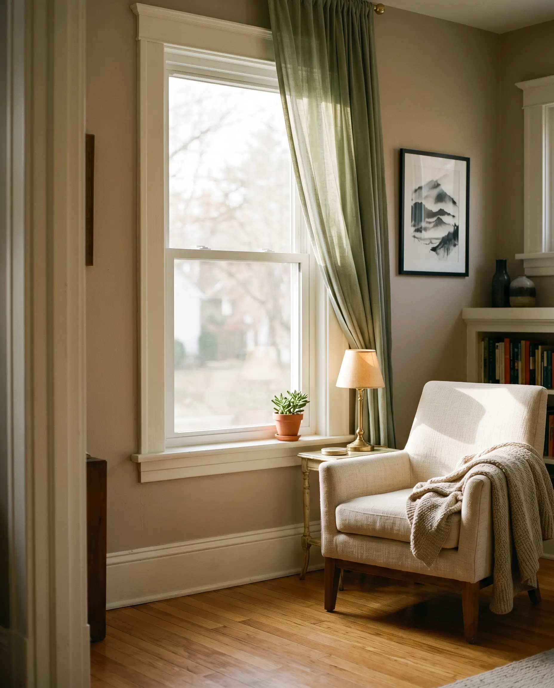 Replacement window in a living room with warm afternoon light